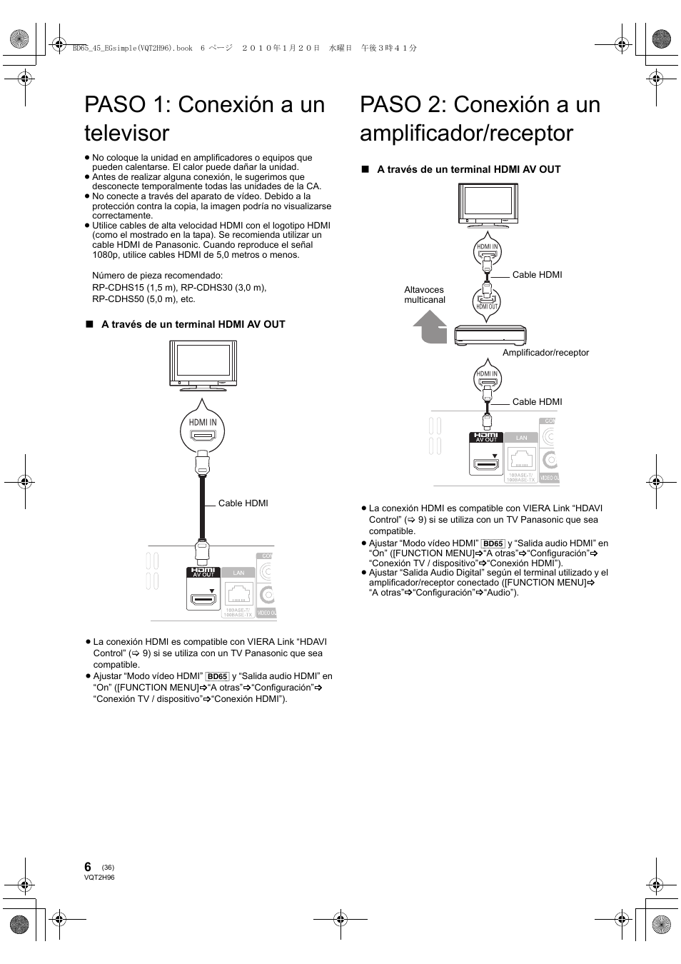 Paso 1: conexión a un televisor, Paso 2: conexión a un amplificador/receptor | Panasonic DMPBD65 User Manual | Page 36 / 112