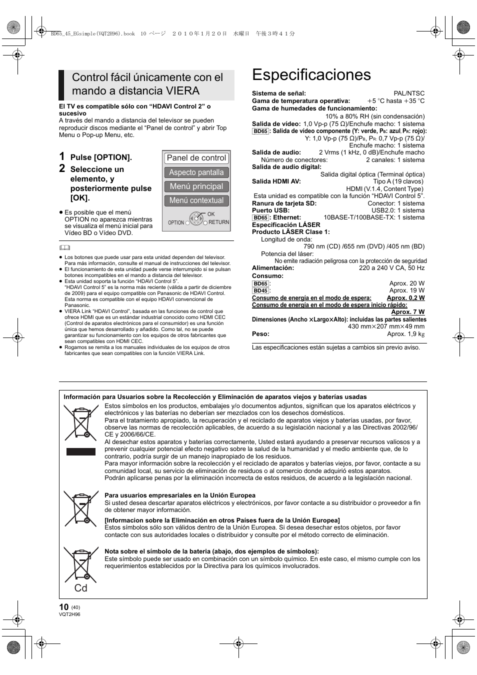 Especificaciones | Panasonic DMPBD65 User Manual | Page 40 / 112