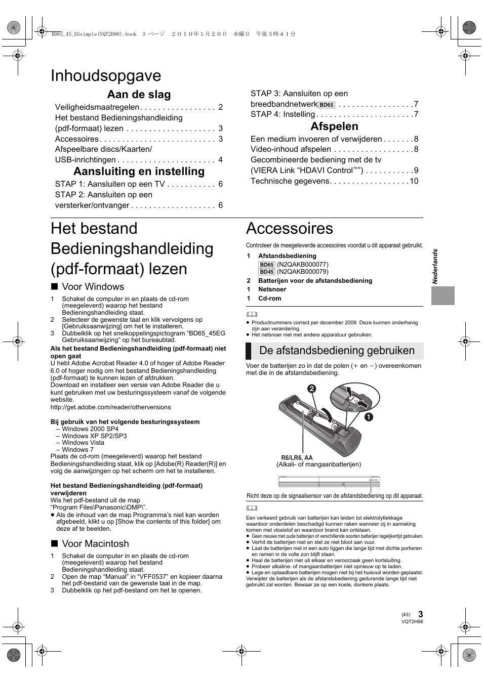 Inhoudsopgave, Accessoires, Aan de slag | Aansluiting en instelling, Afspelen, De afstandsbediening gebruiken, Voor windows, Voor macintosh | Panasonic DMPBD65 User Manual | Page 43 / 112