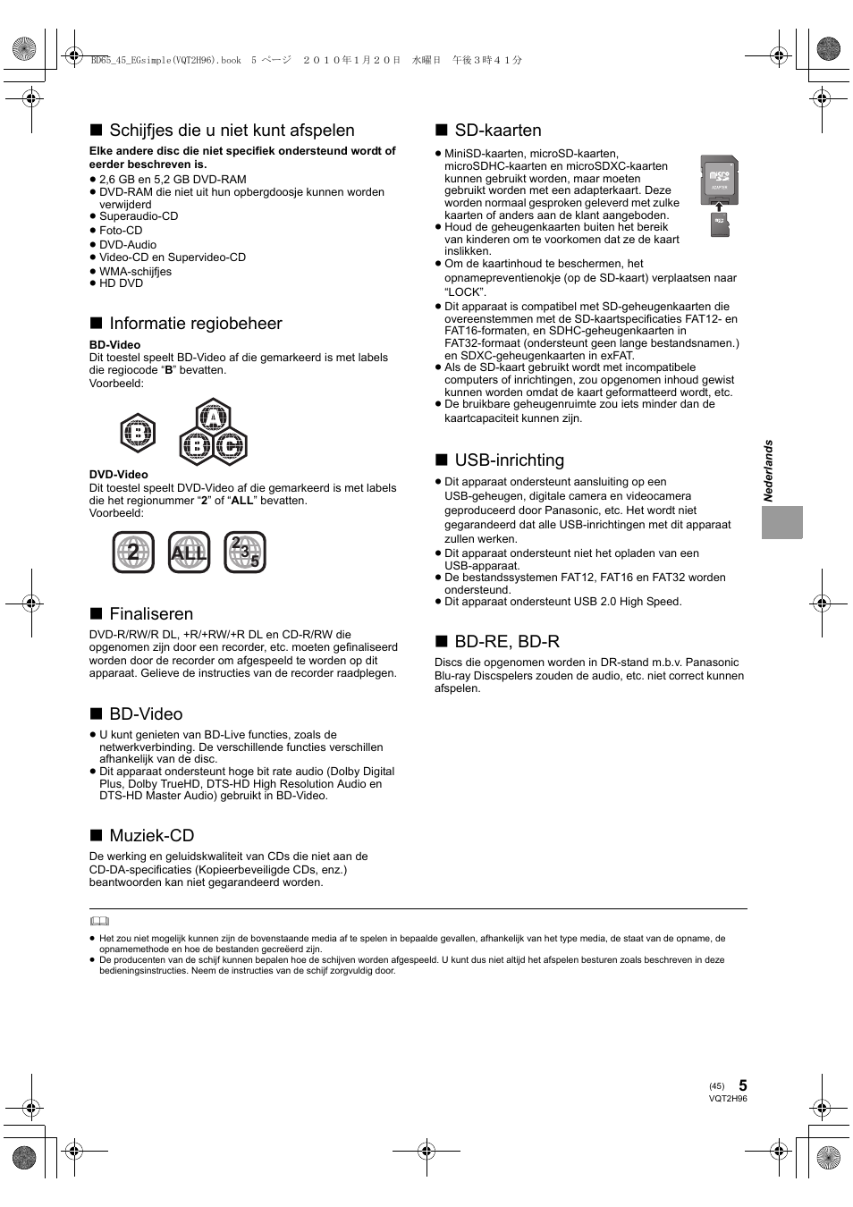 Schijfjes die u niet kunt afspelen, Informatie regiobeheer, Finaliseren | Bd-video, Muziek-cd, Sd-kaarten, Usb-inrichting, Bd-re, bd-r | Panasonic DMPBD65 User Manual | Page 45 / 112