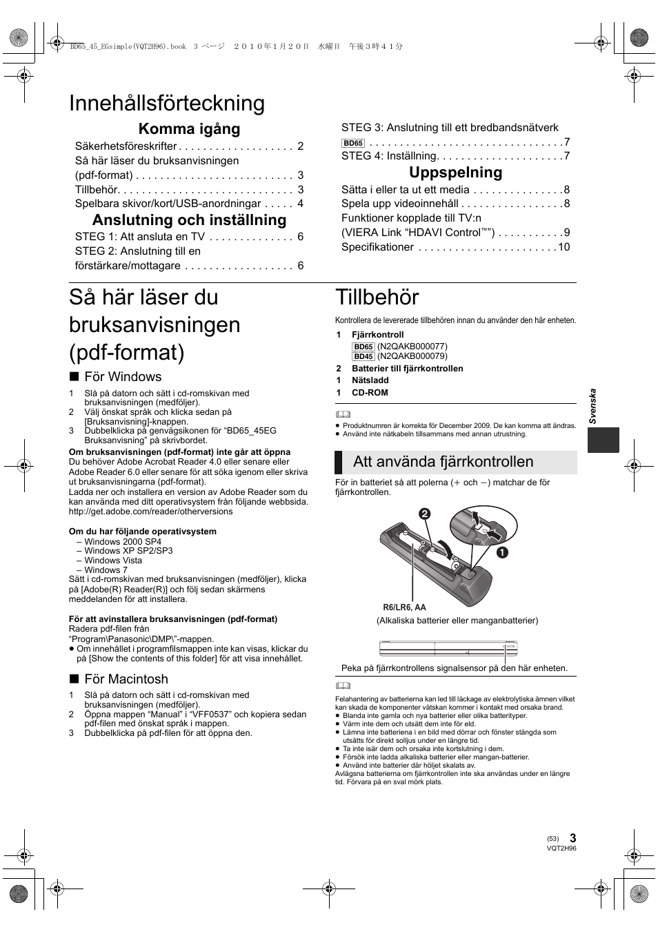 Innehållsförteckning, Så här läser du bruksanvisningen (pdf-format), Tillbehör | Komma igång, Anslutning och inställning, Uppspelning, Att använda fjärrkontrollen, För windows, För macintosh | Panasonic DMPBD65 User Manual | Page 53 / 112