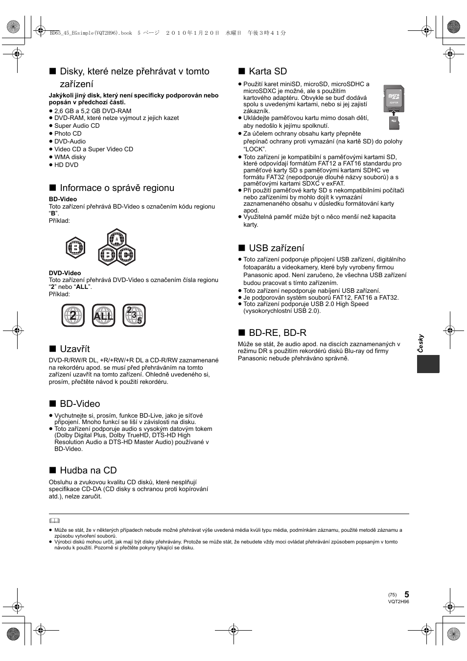 Disky, které nelze přehrávat v tomto zařízení, Informace o správě regionu, Uzavřít | Bd-video, Hudba na cd, Karta sd, Usb zařízení, Bd-re, bd-r | Panasonic DMPBD65 User Manual | Page 75 / 112