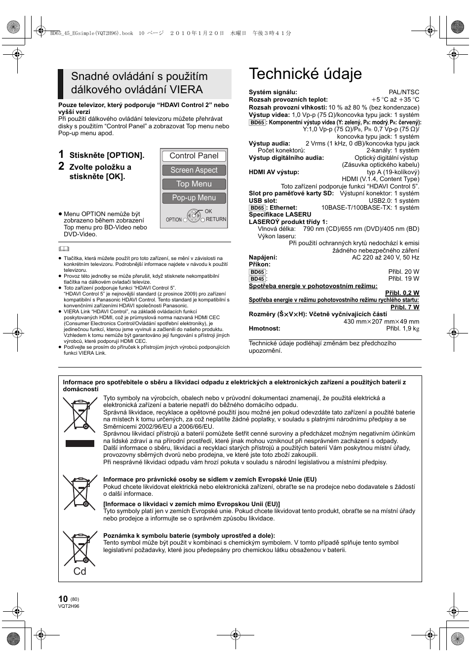 Technické údaje, Control panel screen aspect top menu pop-up menu | Panasonic DMPBD65 User Manual | Page 80 / 112