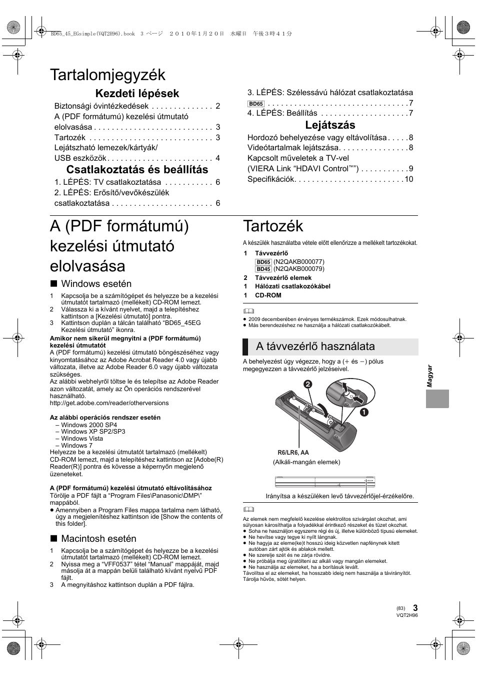 Tartalomjegyzék, A (pdf formátumú) kezelési útmutató elolvasása, Tartozék | Kezdeti lépések, Csatlakoztatás és beállítás, Lejátszás, A távvezérlő használata, Windows esetén, Macintosh esetén | Panasonic DMPBD65 User Manual | Page 83 / 112