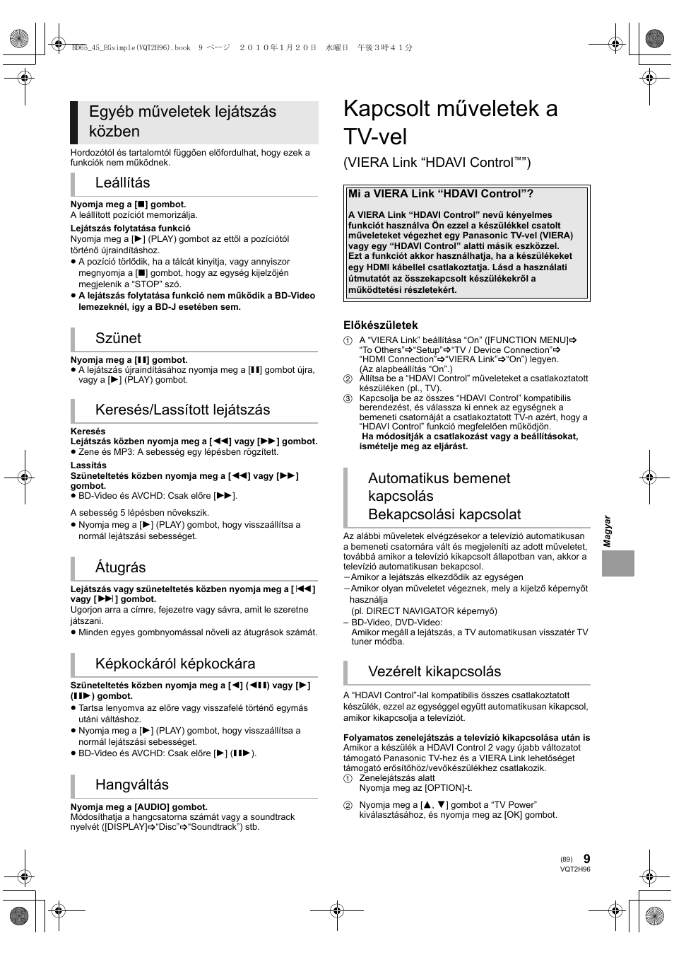 Kapcsolt műveletek a tv-vel, Egyéb műveletek lejátszás közben, Viera link “hdavi control | Panasonic DMPBD65 User Manual | Page 89 / 112