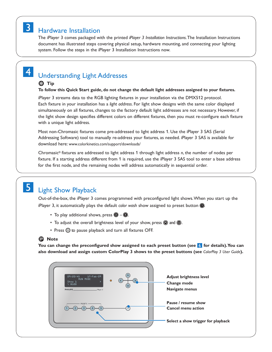 Light show playback, Understanding light addresses, Hardware installation | Philips IPLAYER 3 User Manual | Page 3 / 4