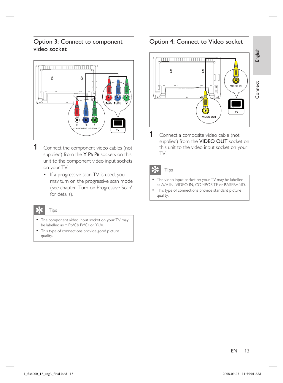 Option 3: connect to component video socket, Option 4: connect to video socket | Philips Flaors 848390207 User Manual | Page 13 / 50
