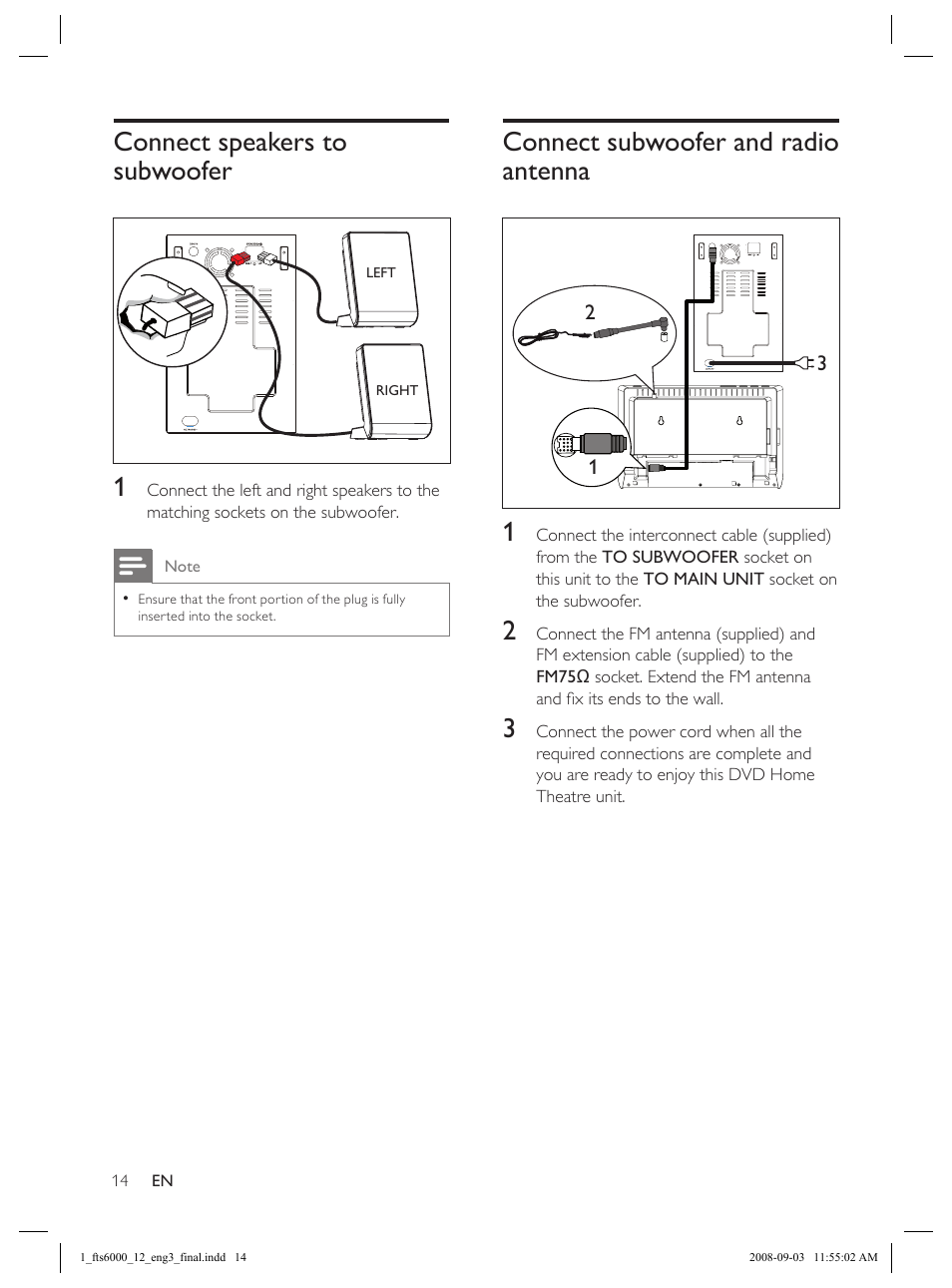 Connect speakers to subwoofer, Connect subwoofer and radio antenna | Philips Flaors 848390207 User Manual | Page 14 / 50