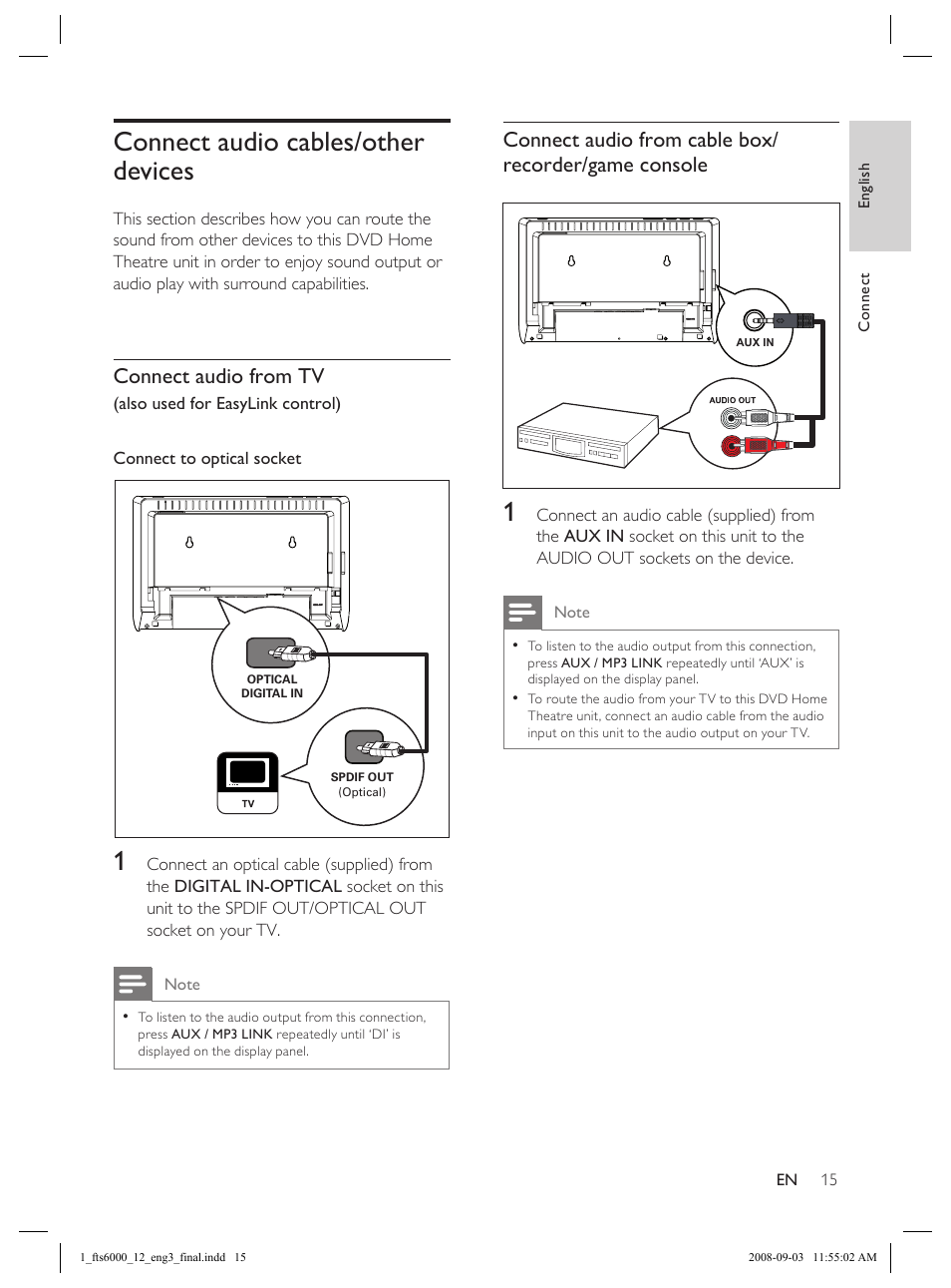 Connect audio cables/other devices, Connect audio from tv | Philips Flaors 848390207 User Manual | Page 15 / 50