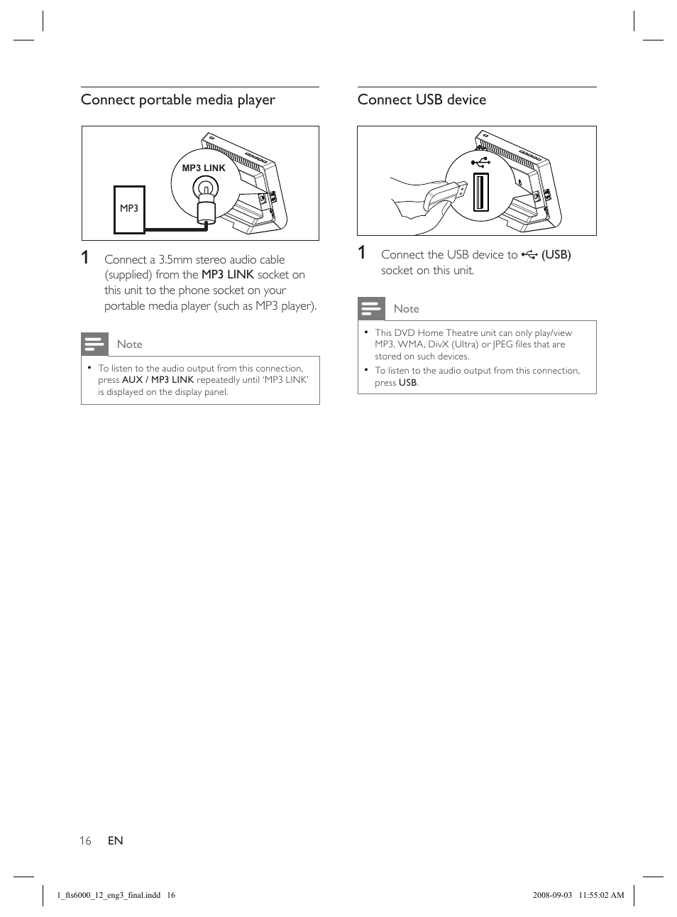 Connect portable media player, Connect usb device | Philips Flaors 848390207 User Manual | Page 16 / 50