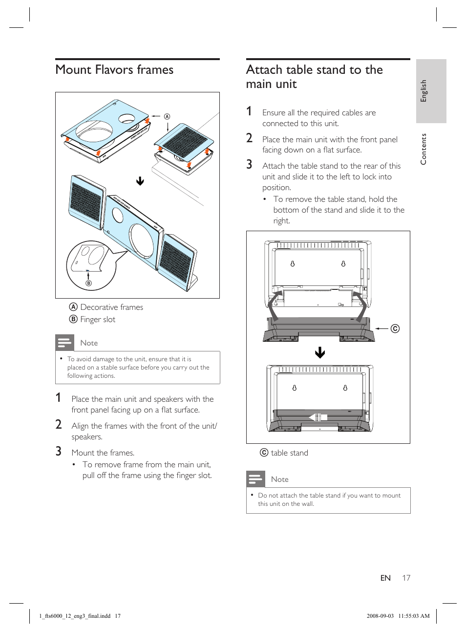 Mount flavors frames, Attach table stand to the main unit 1 | Philips Flaors 848390207 User Manual | Page 17 / 50