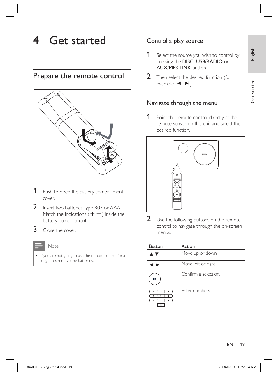 4 get started, Prepare the remote control 1 | Philips Flaors 848390207 User Manual | Page 19 / 50