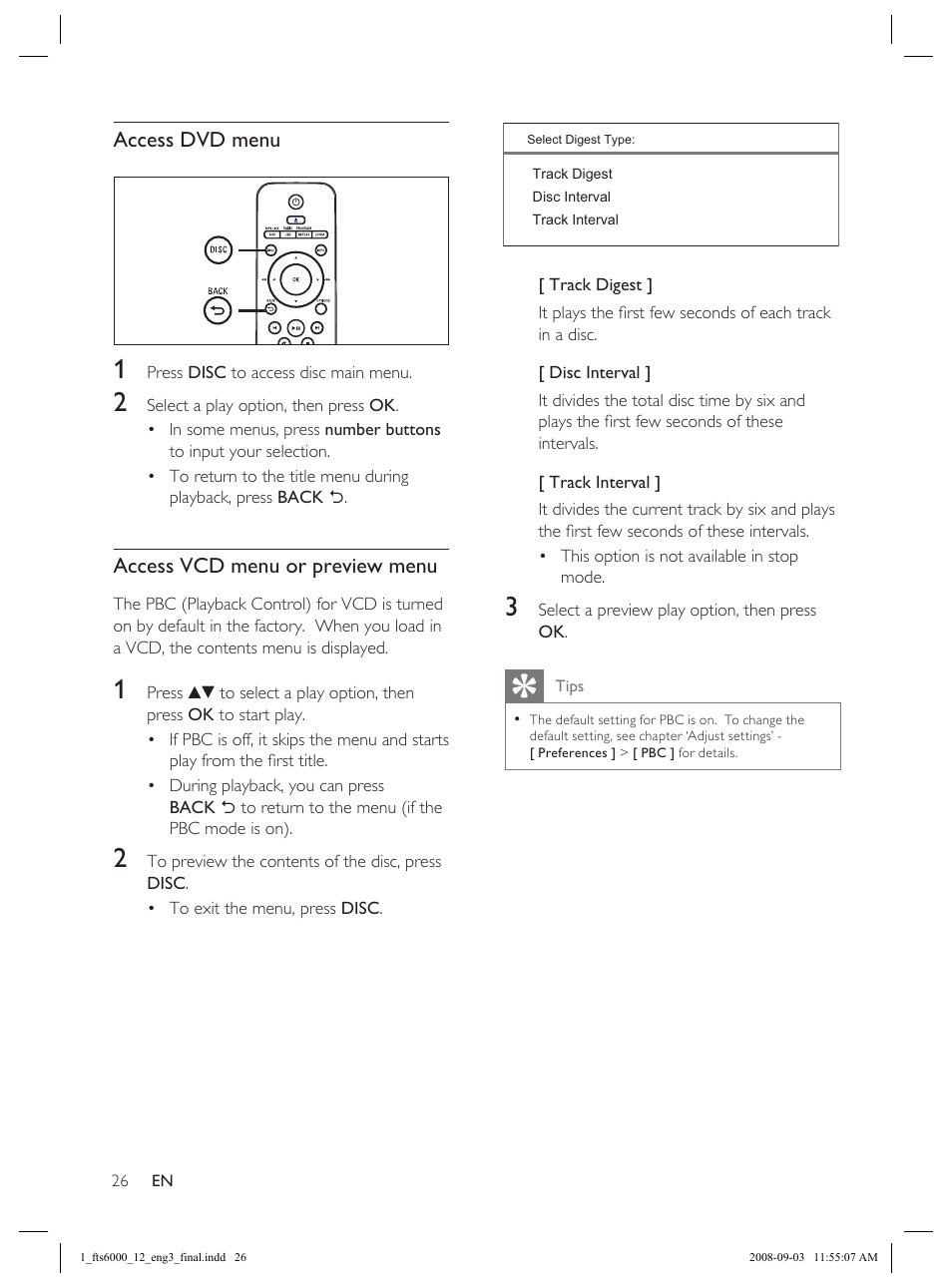 Access dvd menu, Access vcd menu or preview menu | Philips Flaors 848390207 User Manual | Page 26 / 50