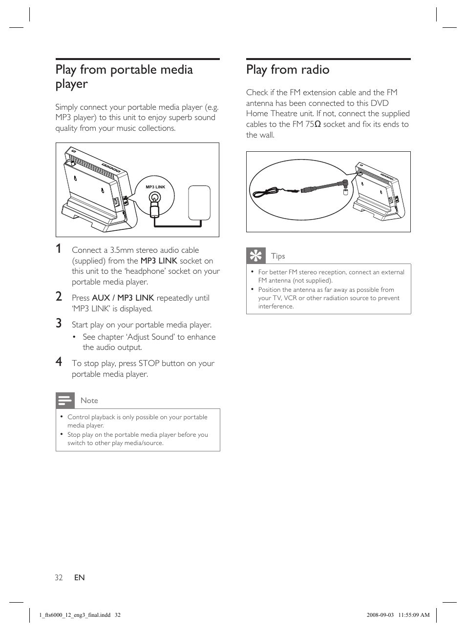 Play from portable media player, Play from radio | Philips Flaors 848390207 User Manual | Page 32 / 50