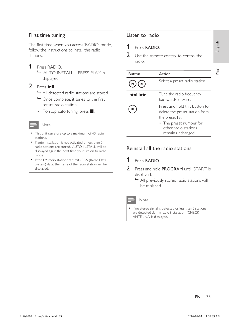 First time tuning, Listen to radio, Reinstall all the radio stations | Philips Flaors 848390207 User Manual | Page 33 / 50