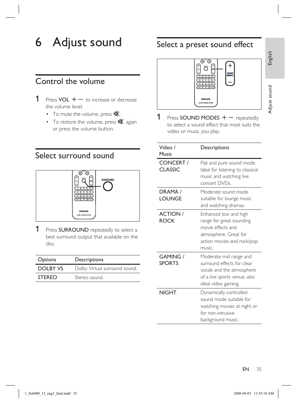 6 adjust sound, Control the volume 1, Select surround sound 1 | Select a preset sound effect 1 | Philips Flaors 848390207 User Manual | Page 35 / 50