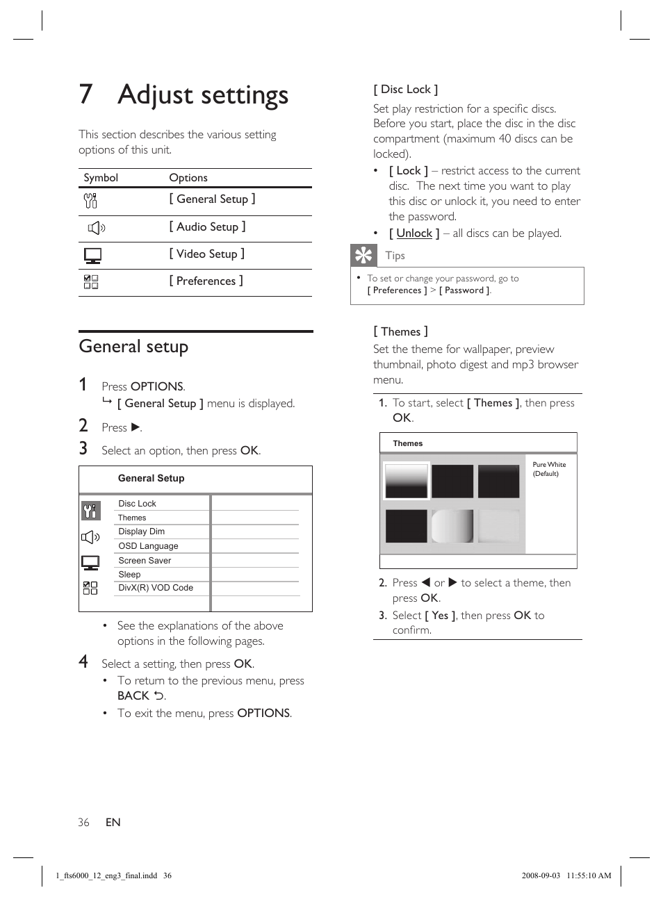7 adjust settings, General setup 1 | Philips Flaors 848390207 User Manual | Page 36 / 50