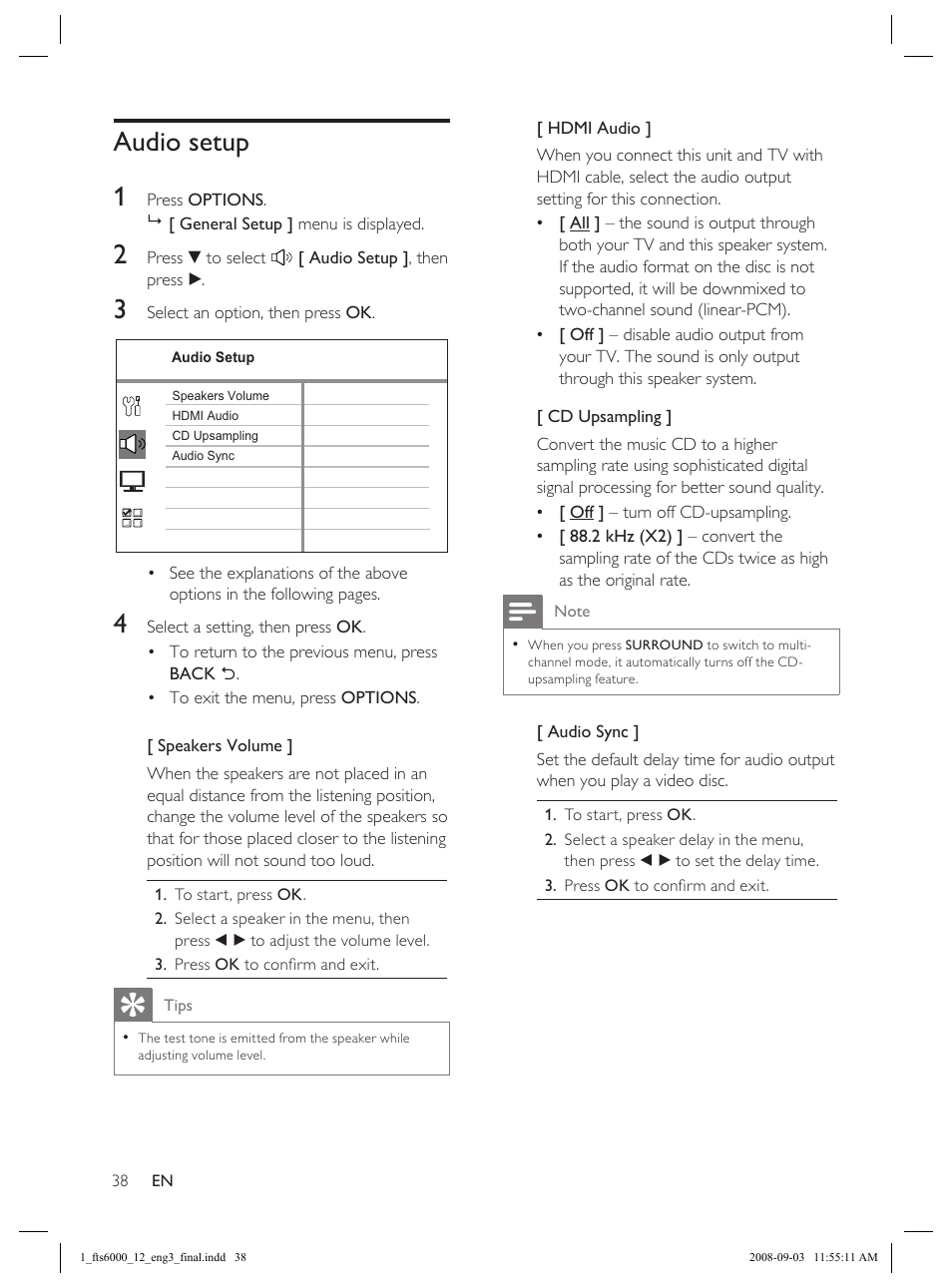 Audio setup 1 | Philips Flaors 848390207 User Manual | Page 38 / 50