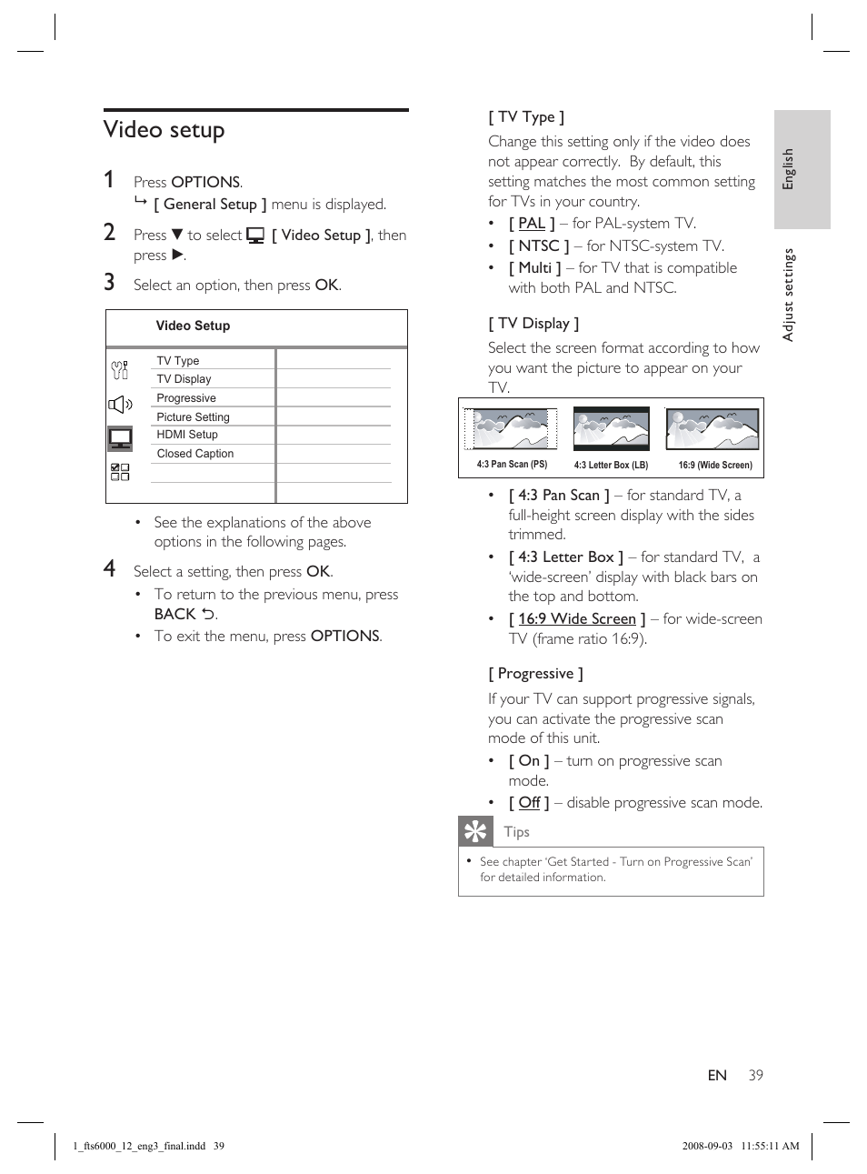 Video setup 1 | Philips Flaors 848390207 User Manual | Page 39 / 50