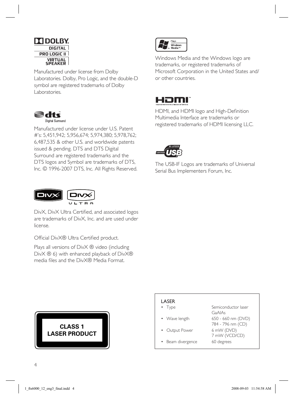Class 1 laser product | Philips Flaors 848390207 User Manual | Page 4 / 50