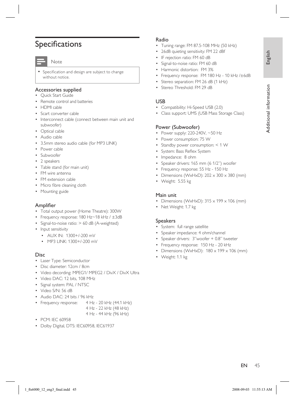 Specifi cations | Philips Flaors 848390207 User Manual | Page 45 / 50