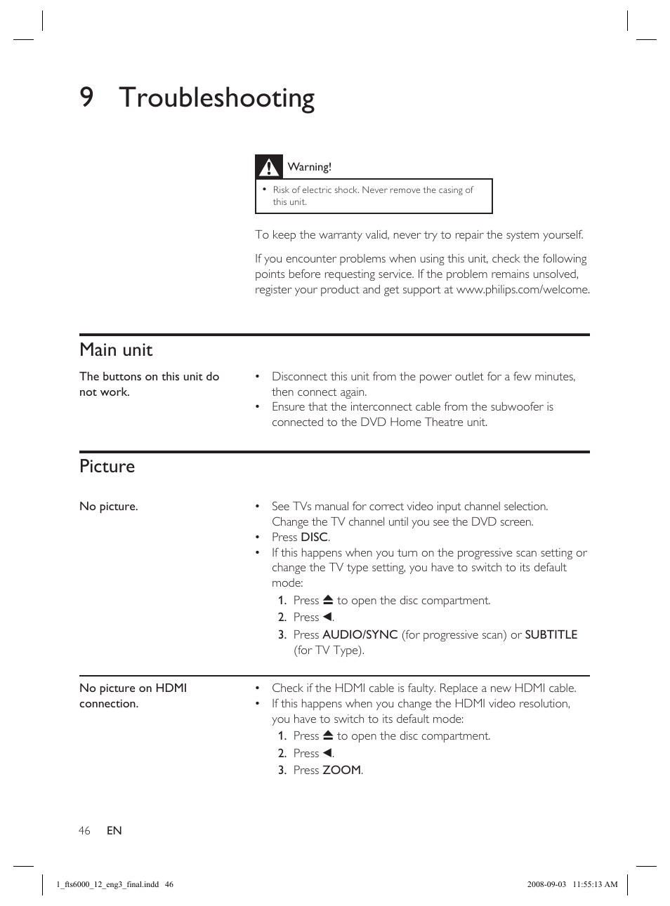 9 troubleshooting, Main unit, Picture | Philips Flaors 848390207 User Manual | Page 46 / 50