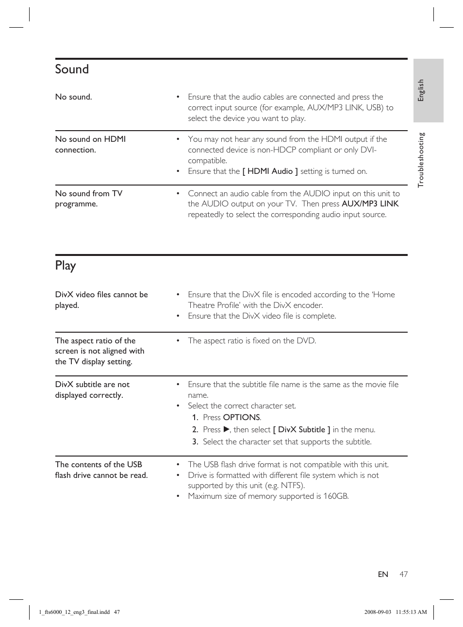 Sound, Play | Philips Flaors 848390207 User Manual | Page 47 / 50
