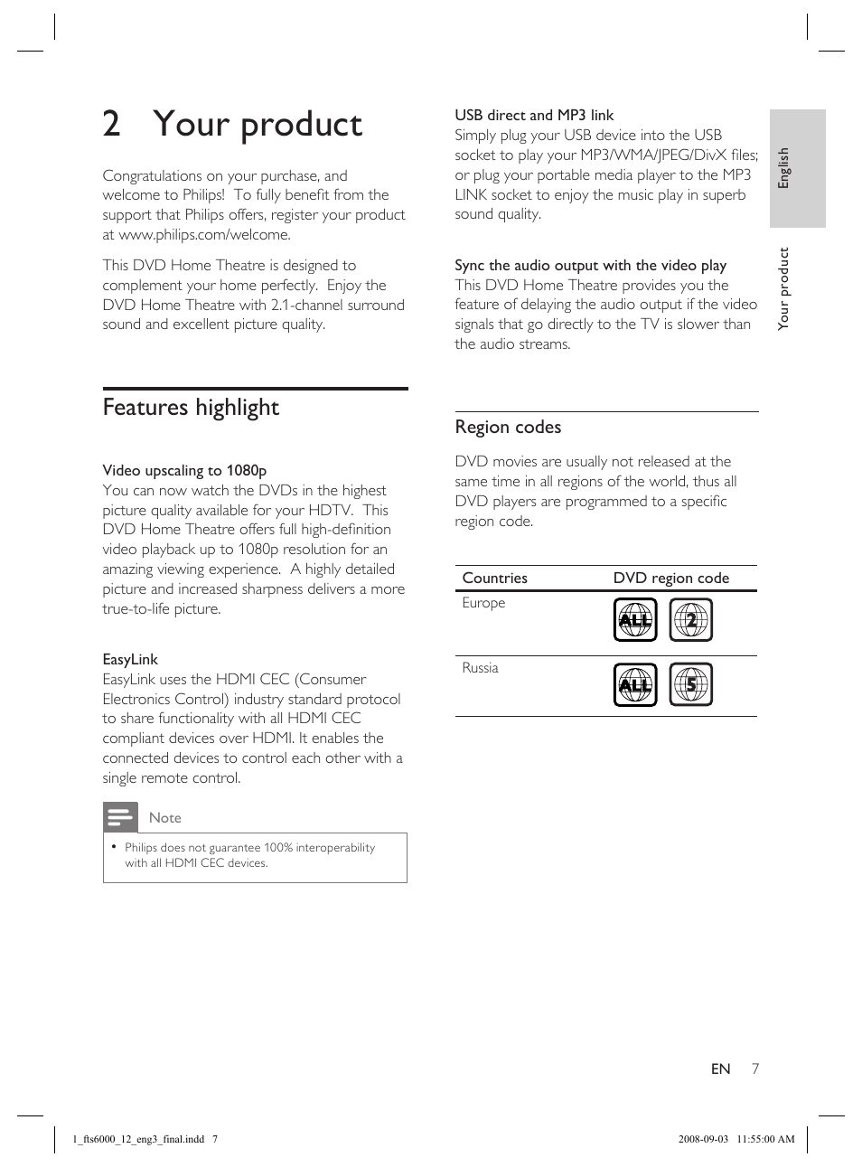 2 your product, Features highlight, Region codes | Philips Flaors 848390207 User Manual | Page 7 / 50