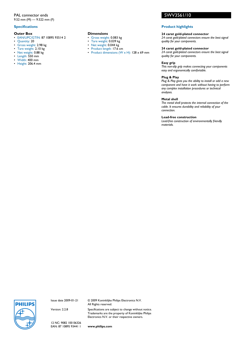 Product highlights, Swv356i/i0, Philips | Philips PAL SWV3561 User Manual | Page 2 / 2