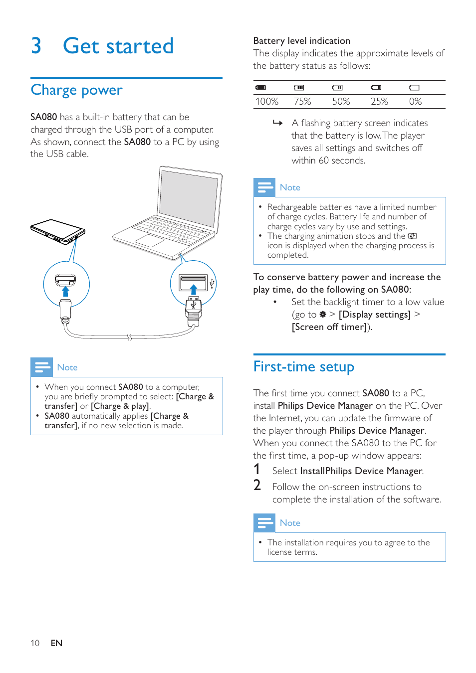 3 get started, Charge power, First-time setup | 3 get, Started | Philips GOGEAR SA080308 User Manual | Page 10 / 32