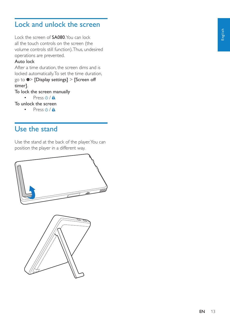 Lock and unlock the screen, Use the stand | Philips GOGEAR SA080308 User Manual | Page 13 / 32