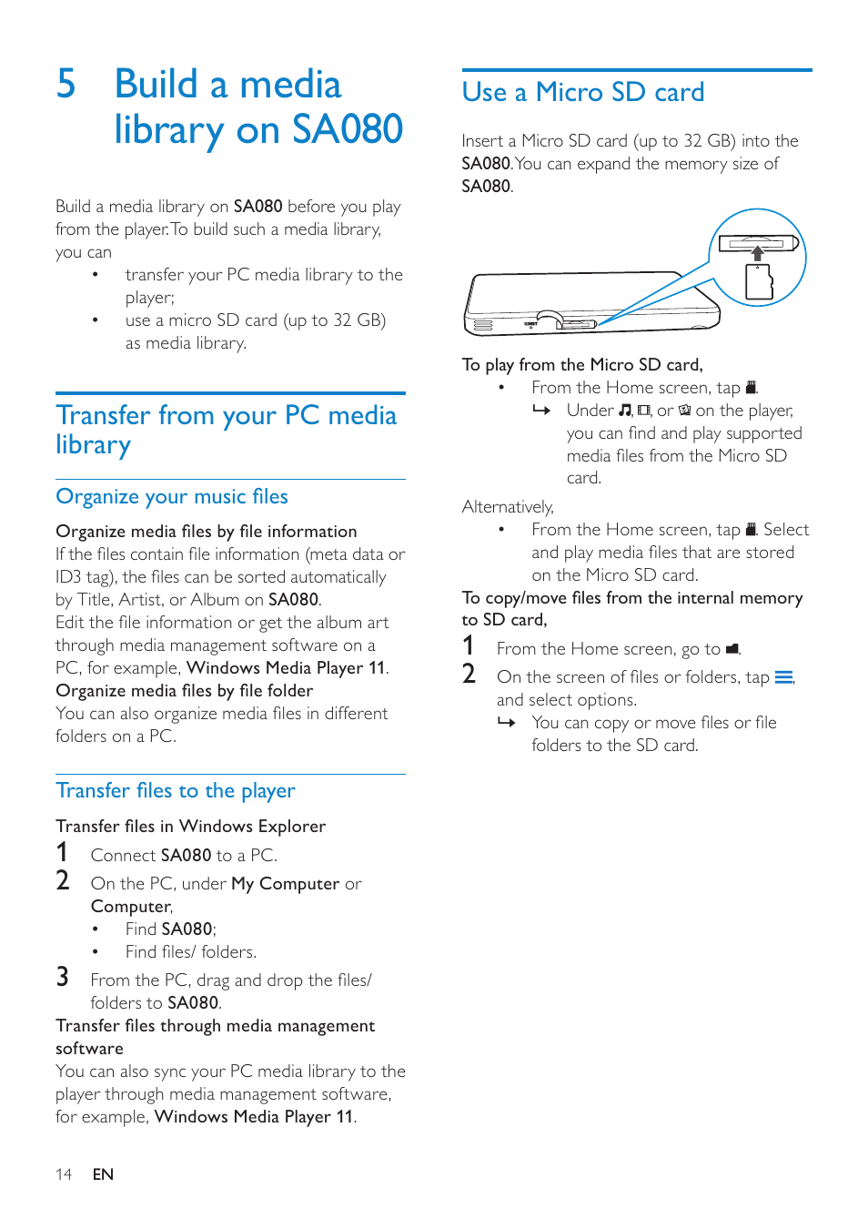 5 build a media library on sa080, Transfer from your pc media library, Organize your music files | Transfer files to the player, Use a micro sd card, Organize your music ﬁles, Transfer ﬁles to the player | Philips GOGEAR SA080308 User Manual | Page 14 / 32