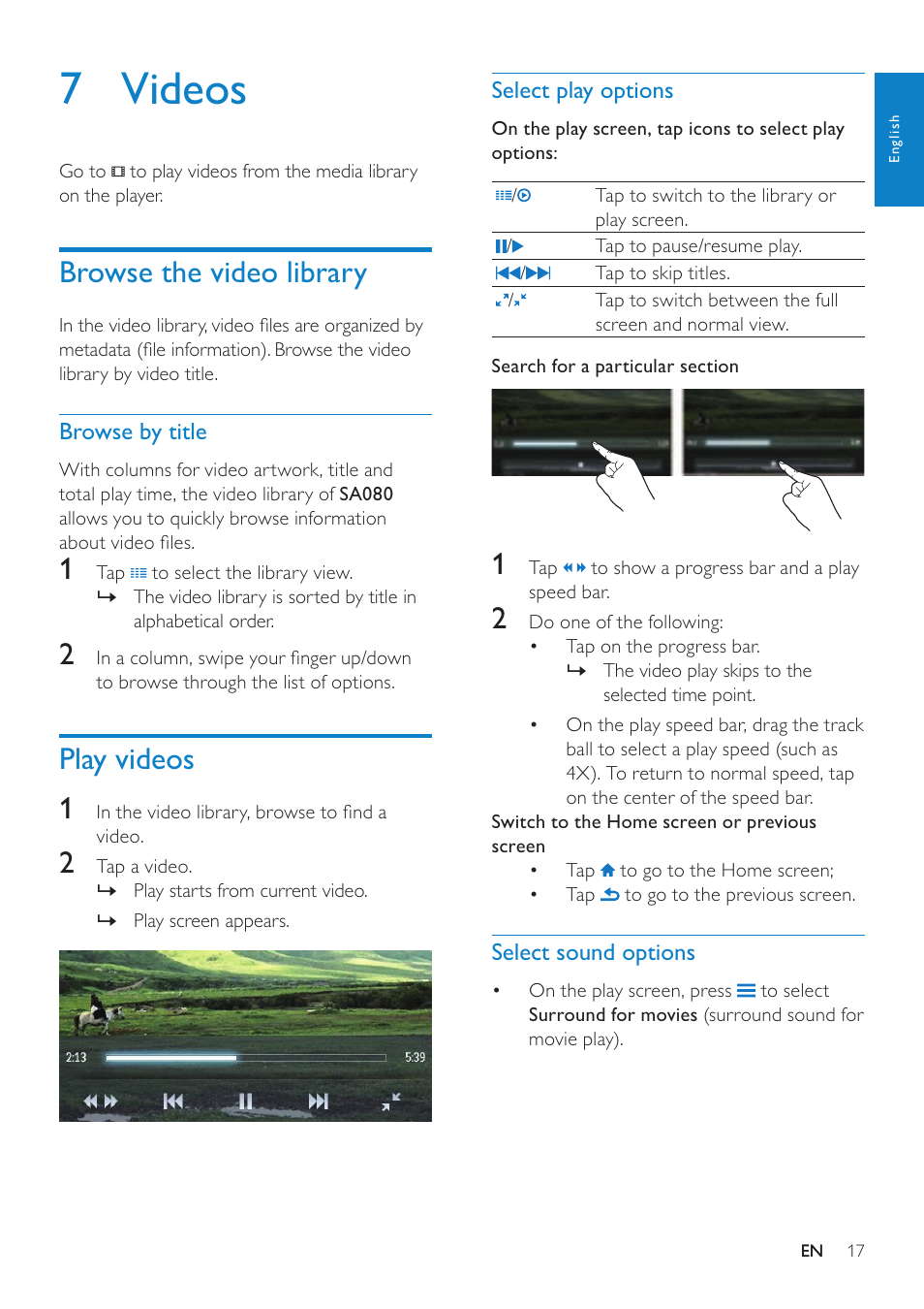 7 videos, Browse the video library, Browse by title | Play videos, Select play options, Select sound options, Play videos 1 | Philips GOGEAR SA080308 User Manual | Page 17 / 32