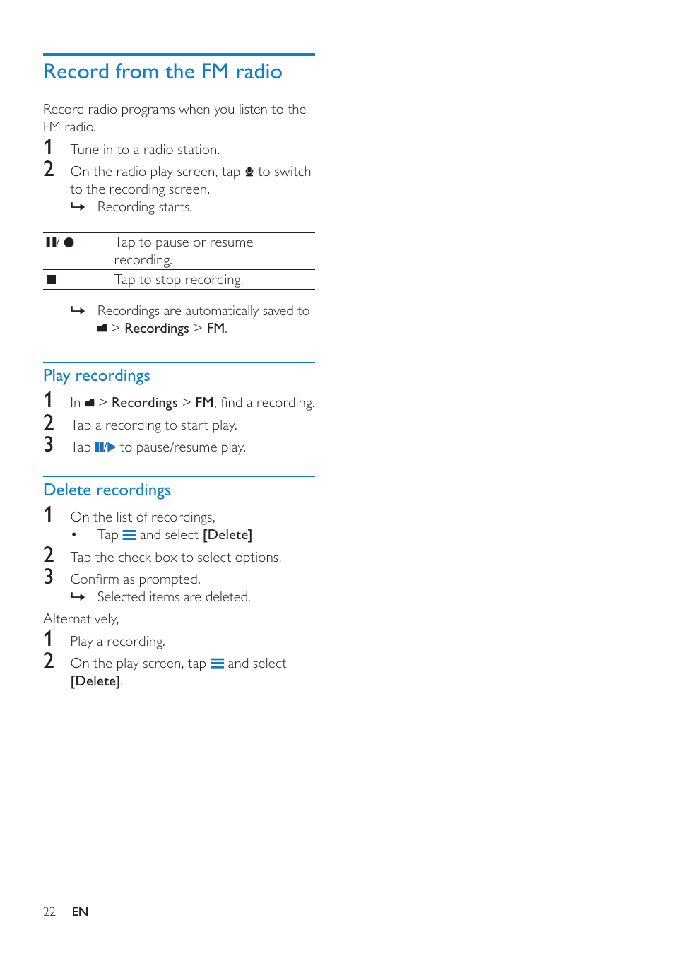 Record from the fm radio, Play recordings, Delete recordings | Philips GOGEAR SA080308 User Manual | Page 22 / 32