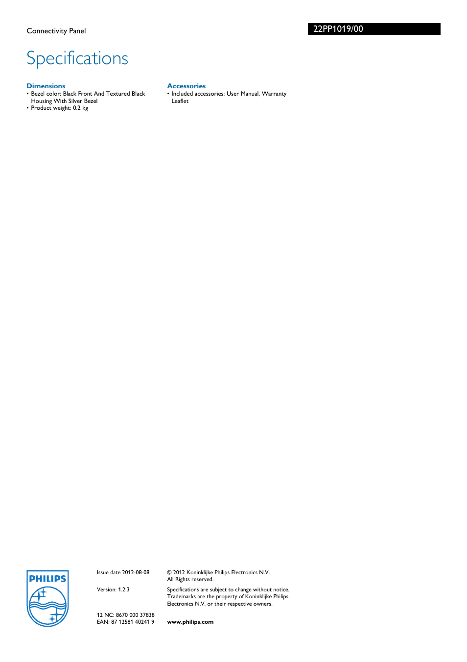 Specifications | Philips 22PP1019 User Manual | Page 2 / 2