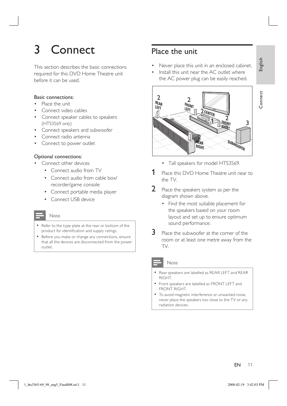 3 connect, Place the unit | Philips HTS3569 User Manual | Page 11 / 48