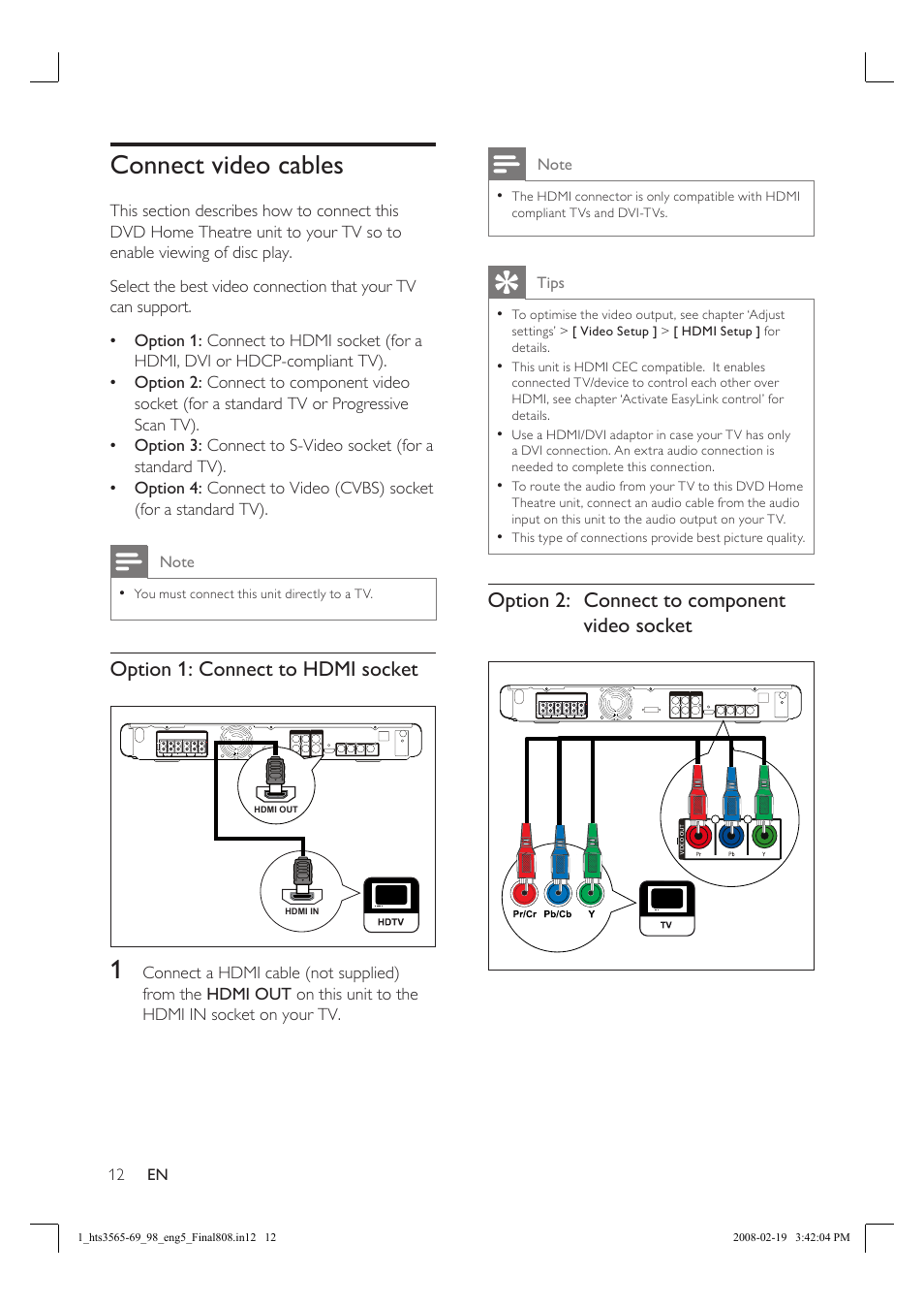 Connect video cables, Option 1: connect to hdmi socket, Option 2: connect to component video socket | Philips HTS3569 User Manual | Page 12 / 48