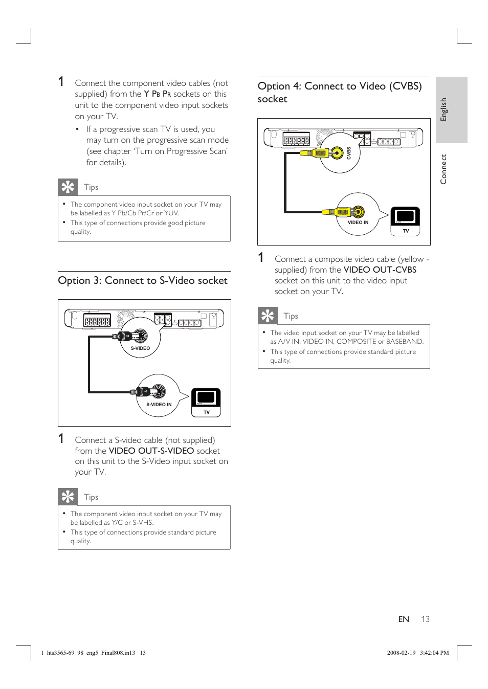 Option 3: connect to s-video socket, Option 4: connect to video (cvbs) socket | Philips HTS3569 User Manual | Page 13 / 48