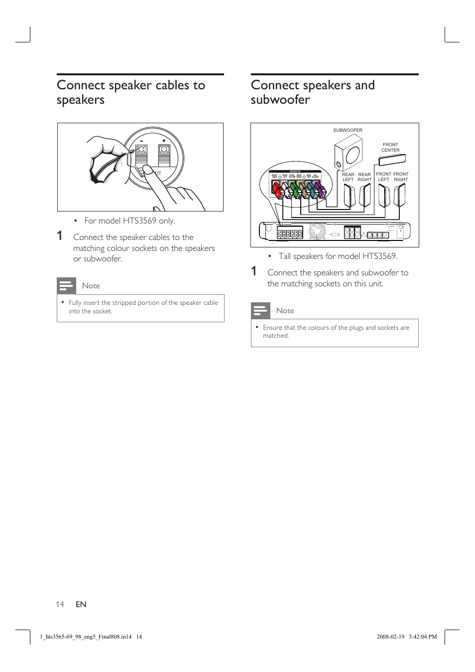 Connect speaker cables to speakers, Connect speakers and subwoofer | Philips HTS3569 User Manual | Page 14 / 48