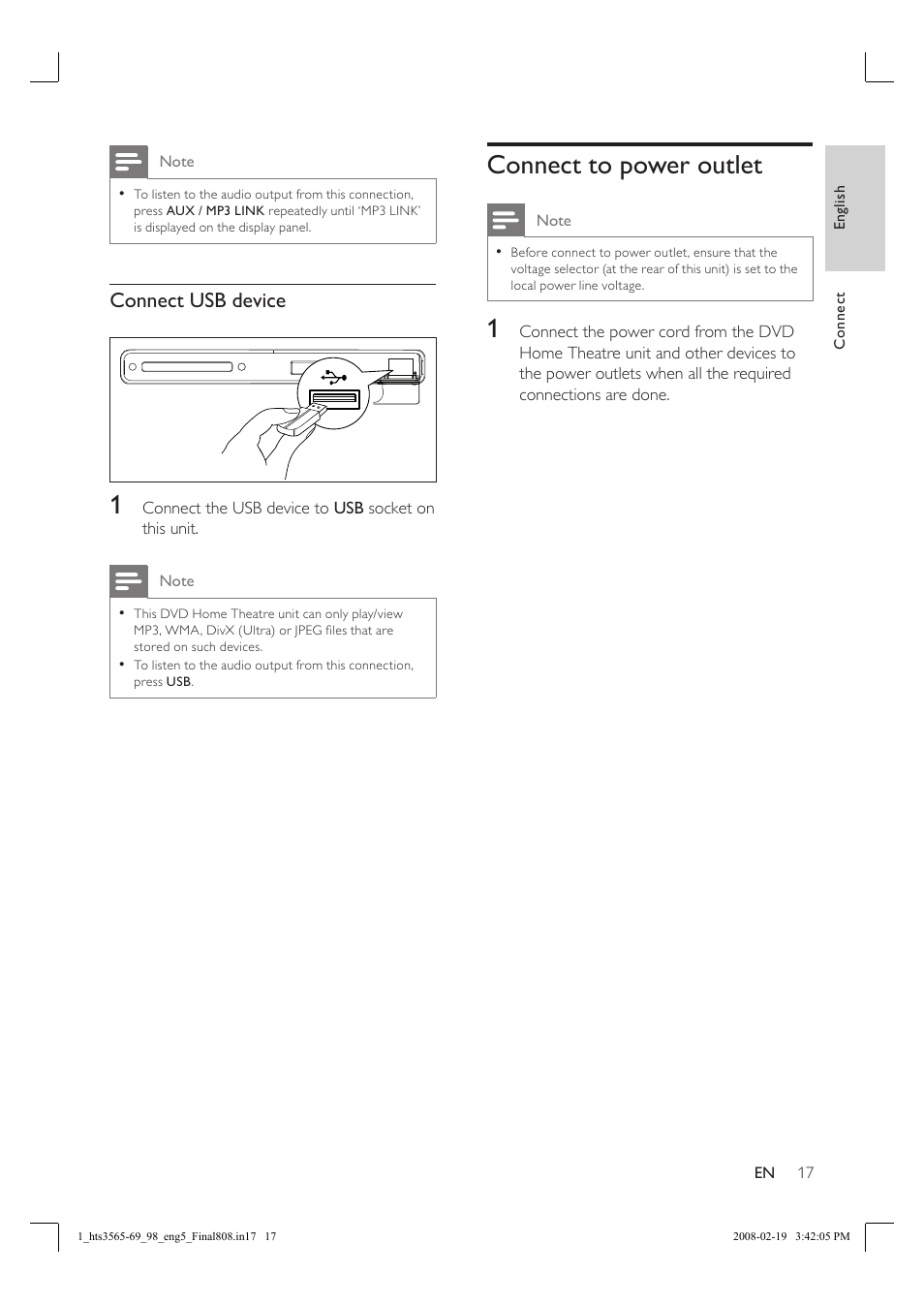 Connect to power outlet, Connect usb device | Philips HTS3569 User Manual | Page 17 / 48