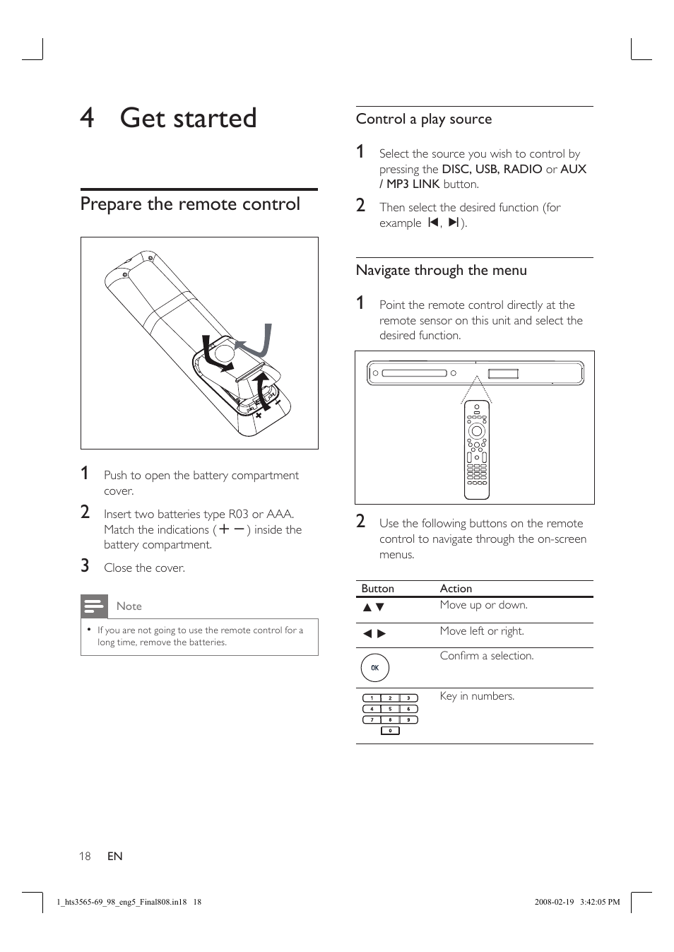 4 get started, Prepare the remote control 1 | Philips HTS3569 User Manual | Page 18 / 48