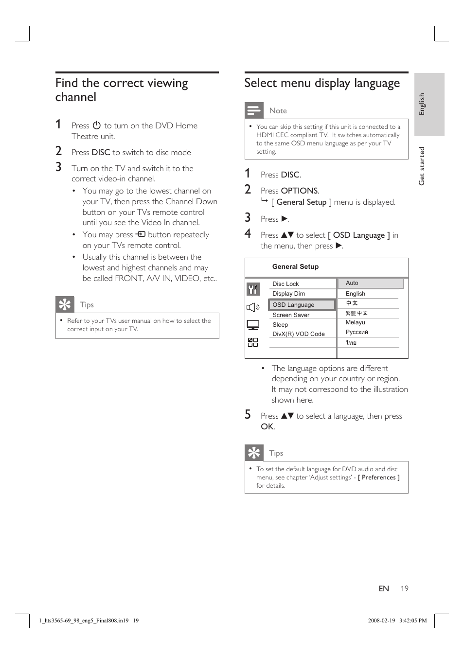 Find the correct viewing channel 1, Select menu display language | Philips HTS3569 User Manual | Page 19 / 48