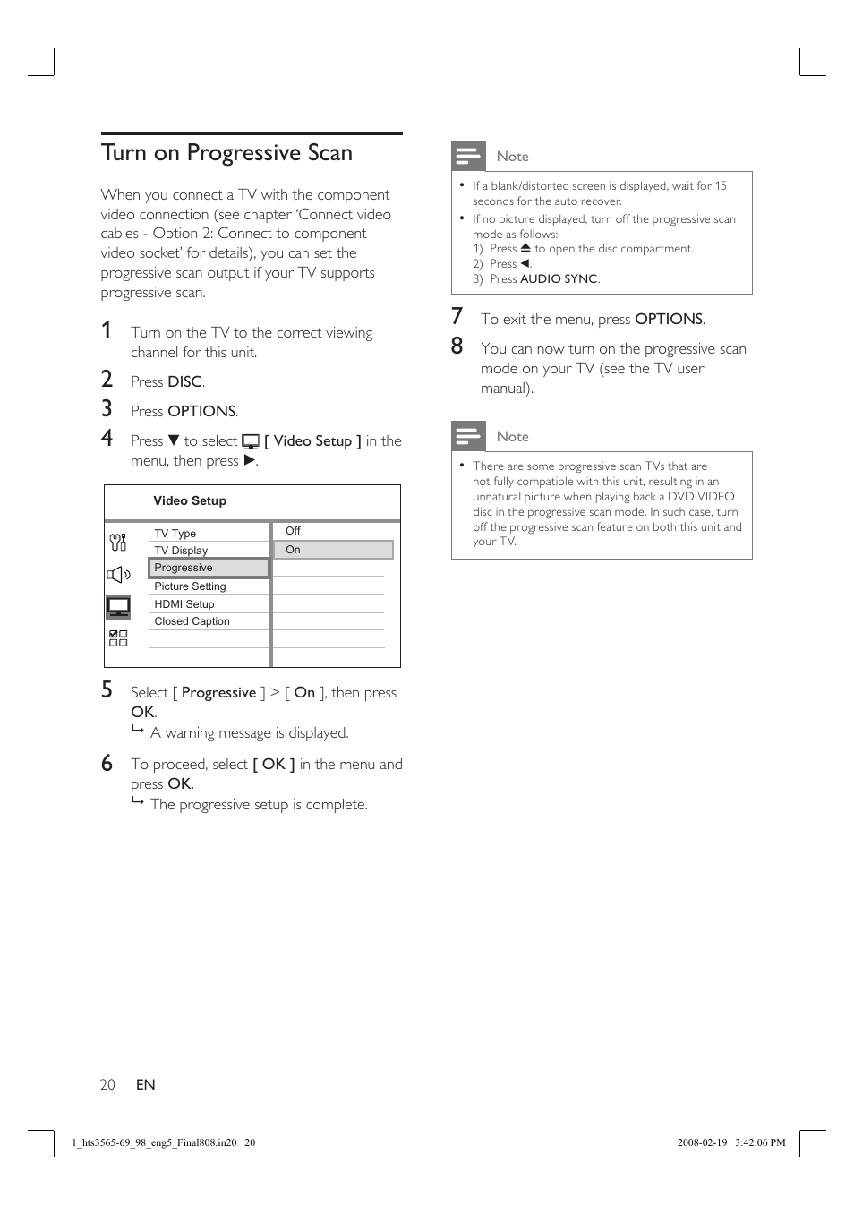 Turn on progressive scan | Philips HTS3569 User Manual | Page 20 / 48