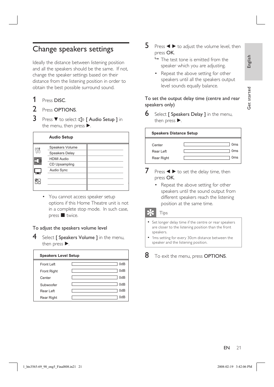 Change speakers settings | Philips HTS3569 User Manual | Page 21 / 48