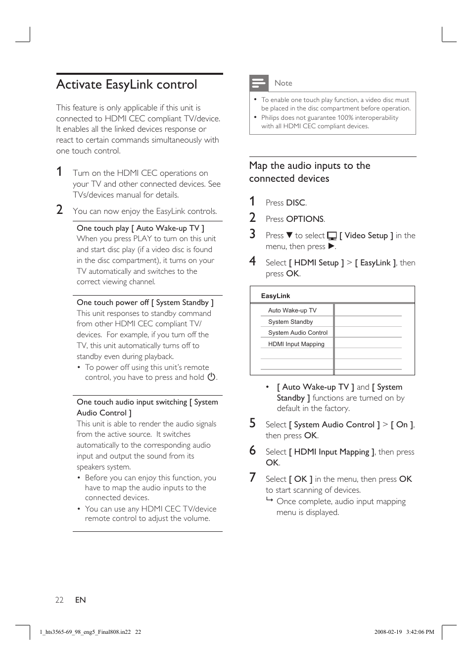 Activate easylink control | Philips HTS3569 User Manual | Page 22 / 48