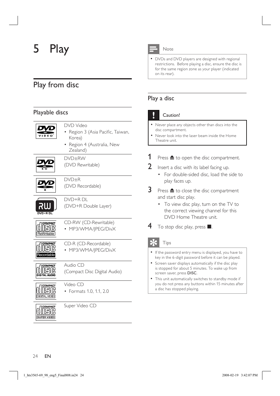 5 play, Play from disc, Playable discs | Play a disc | Philips HTS3569 User Manual | Page 24 / 48