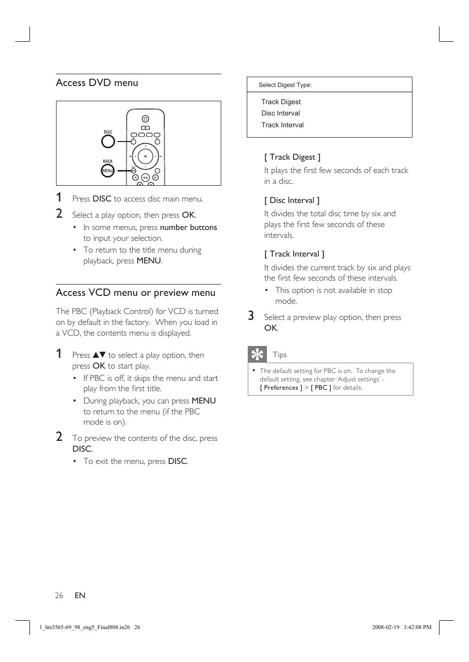 Access dvd menu, Access vcd menu or preview menu | Philips HTS3569 User Manual | Page 26 / 48