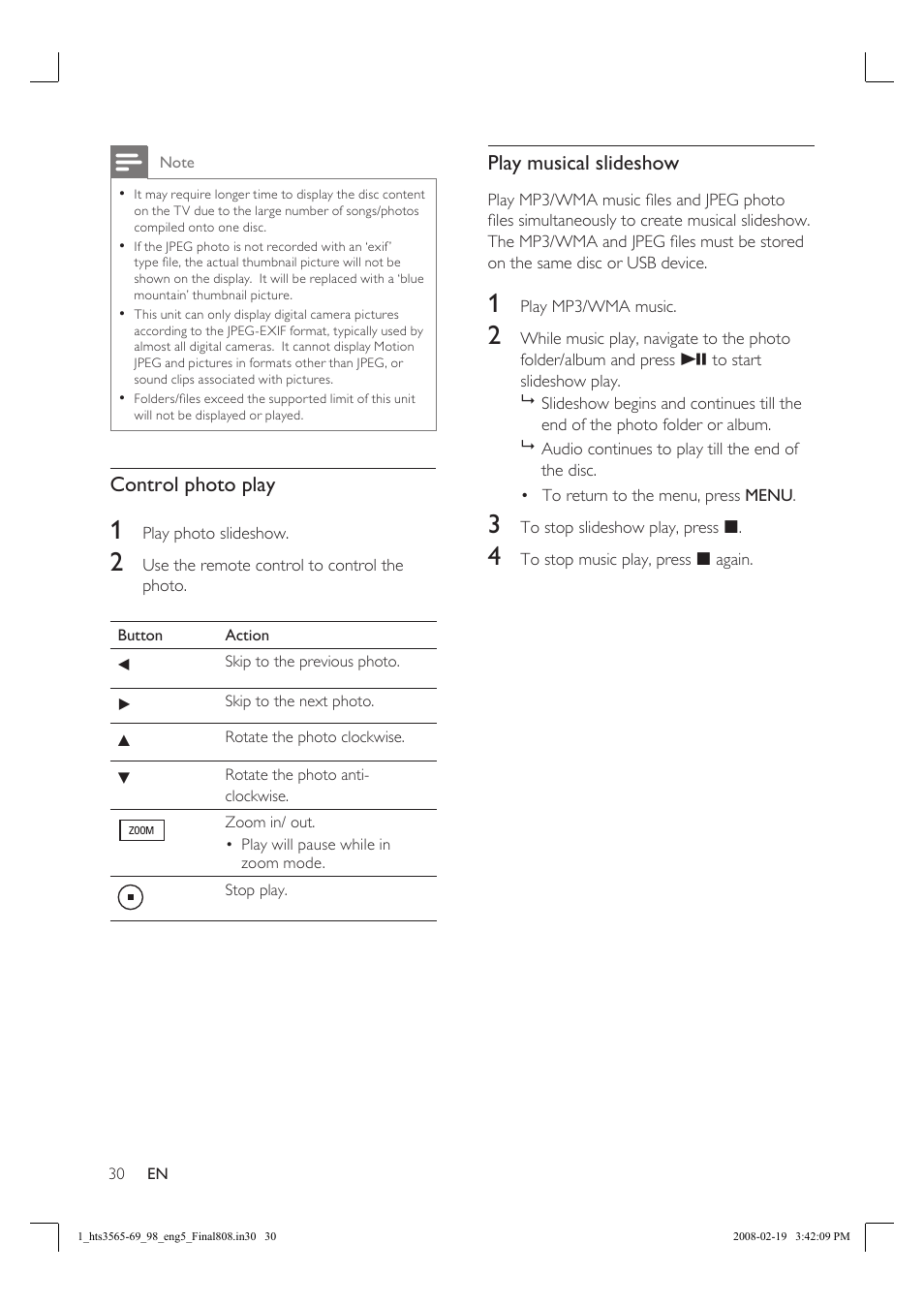 Control photo play, Play musical slideshow | Philips HTS3569 User Manual | Page 30 / 48