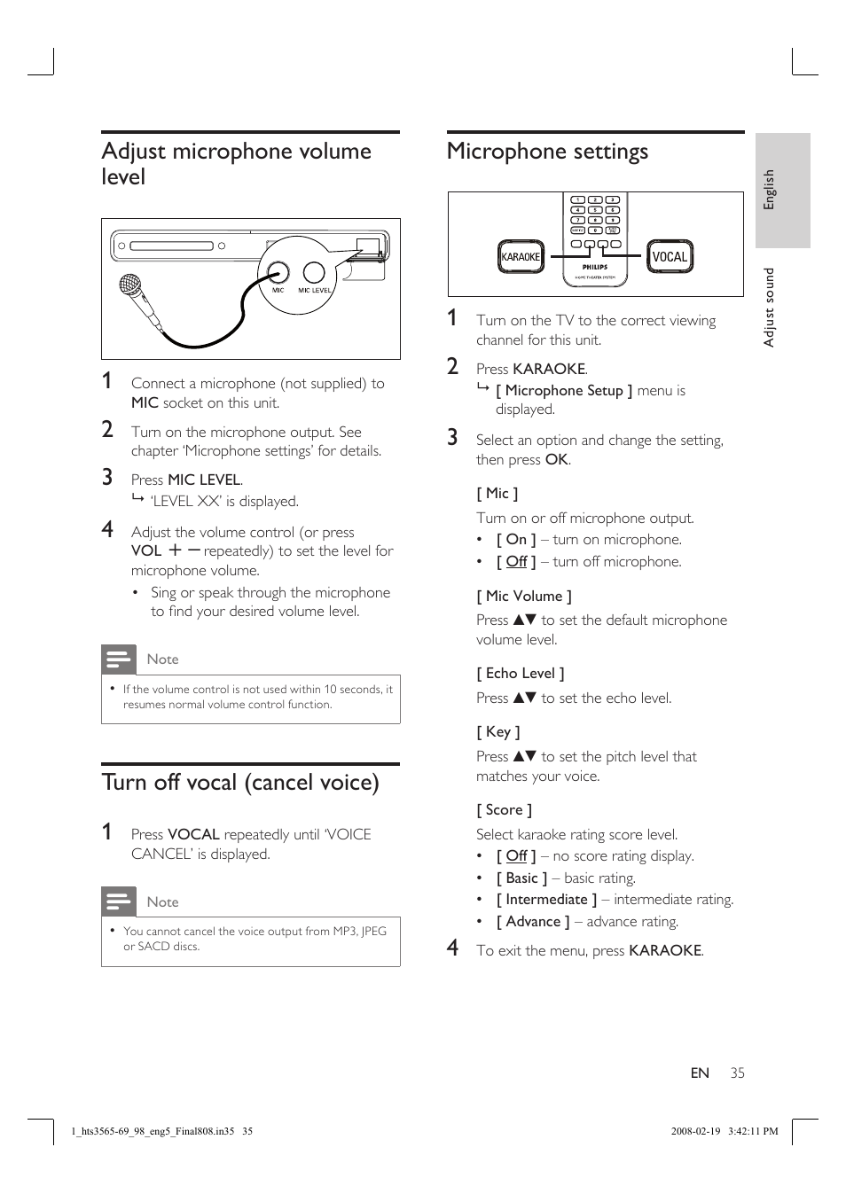 Adjust microphone volume level 1, Turn off vocal (cancel voice) 1, Microphone settings 1 | Philips HTS3569 User Manual | Page 35 / 48