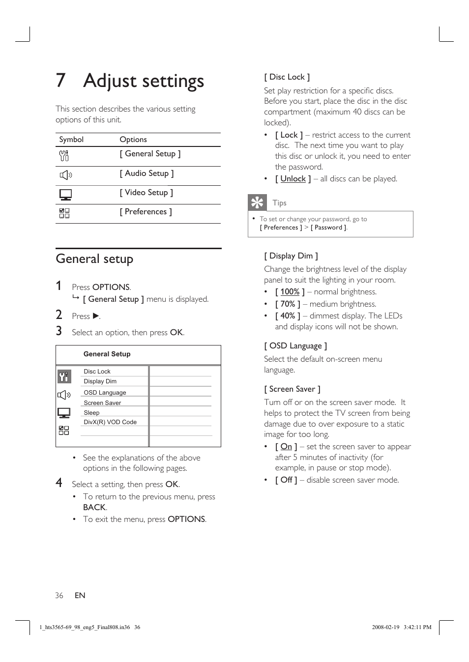 7 adjust settings, General setup 1 | Philips HTS3569 User Manual | Page 36 / 48